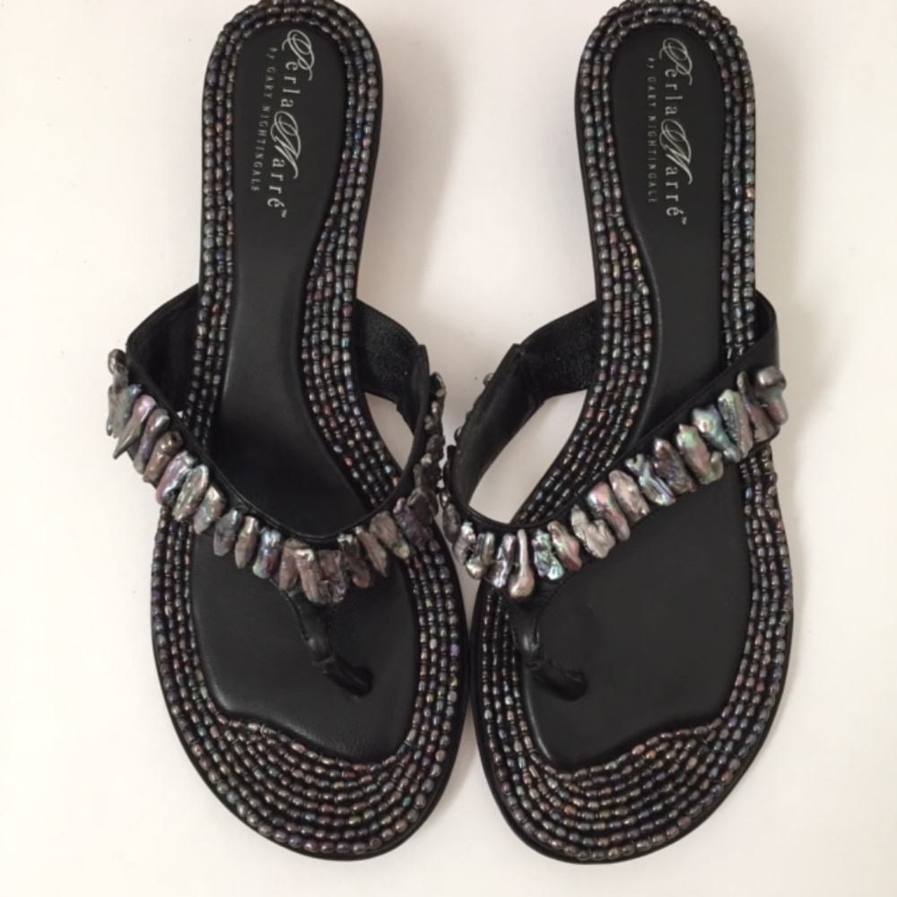 Perla Marre' Black Leather w/ Pearls Thong Sandals